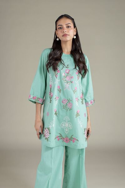 Embroidered | Textured Cambric | Floral Threadwork Kurta | USD 40.00