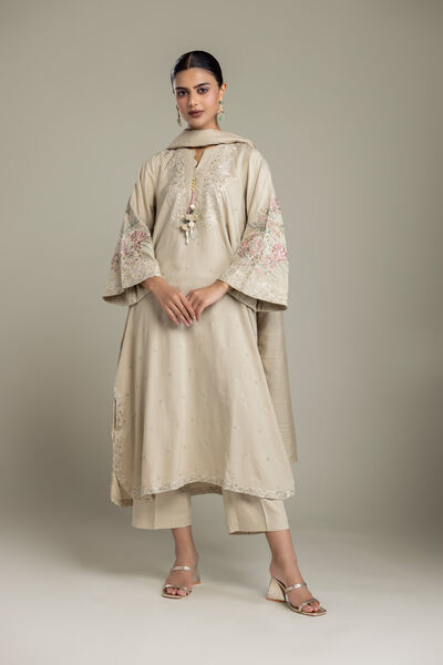 Embroidered | Raw Silk | Floral Beige Kurta | USD 80.00