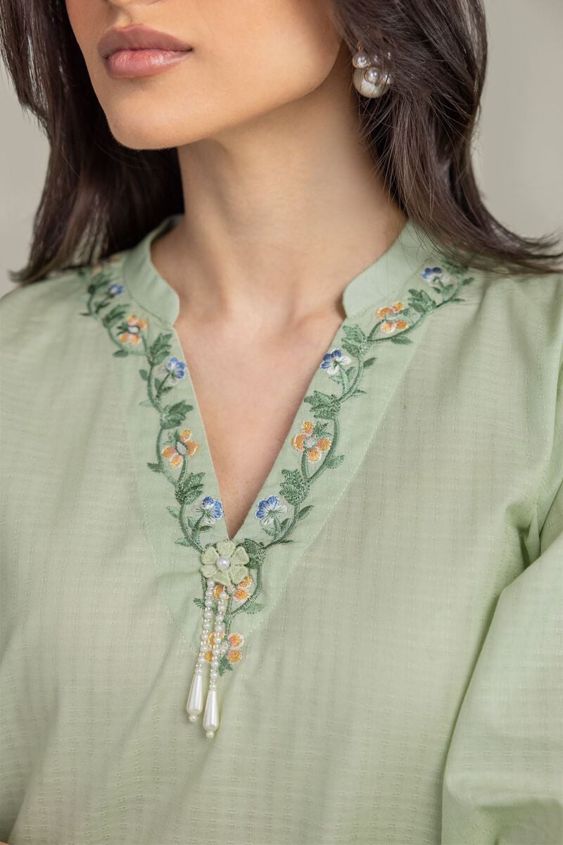 Embroidered | Cotton Dobby | Floral Mint Kurta | USD 35.00