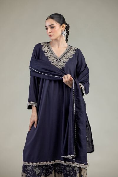 Embroidered | Raw Silk | Navy V-Neck Kurta | USD 60.00