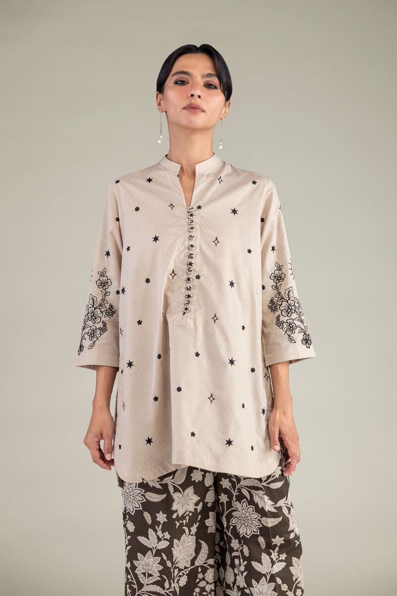 Embroidered | Cotton Dobby | Beige Floral Kurta | USD 40.00