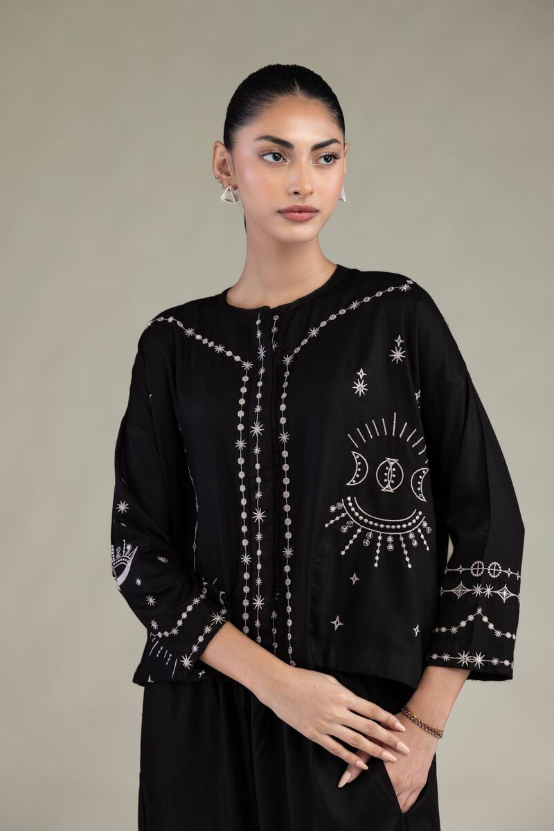 Embroidered | Viscose Crepe | Black Round-Neck Shirt | USD 40.00