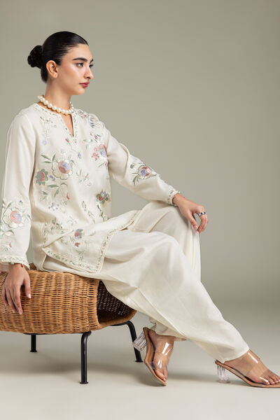 Embroidered | Raw Silk | Off-White Silk Kurta | USD 70.00