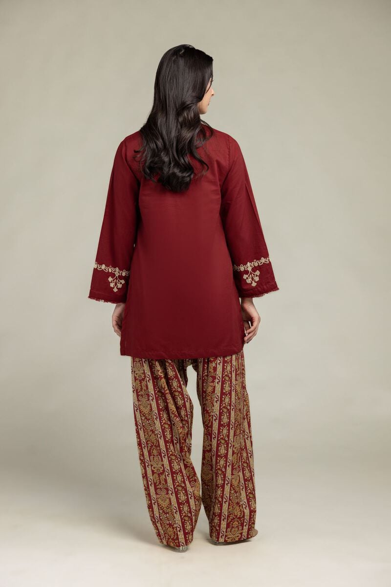 Embroidered | Cambric | Maroon V-Neck Kurta | USD 45.00