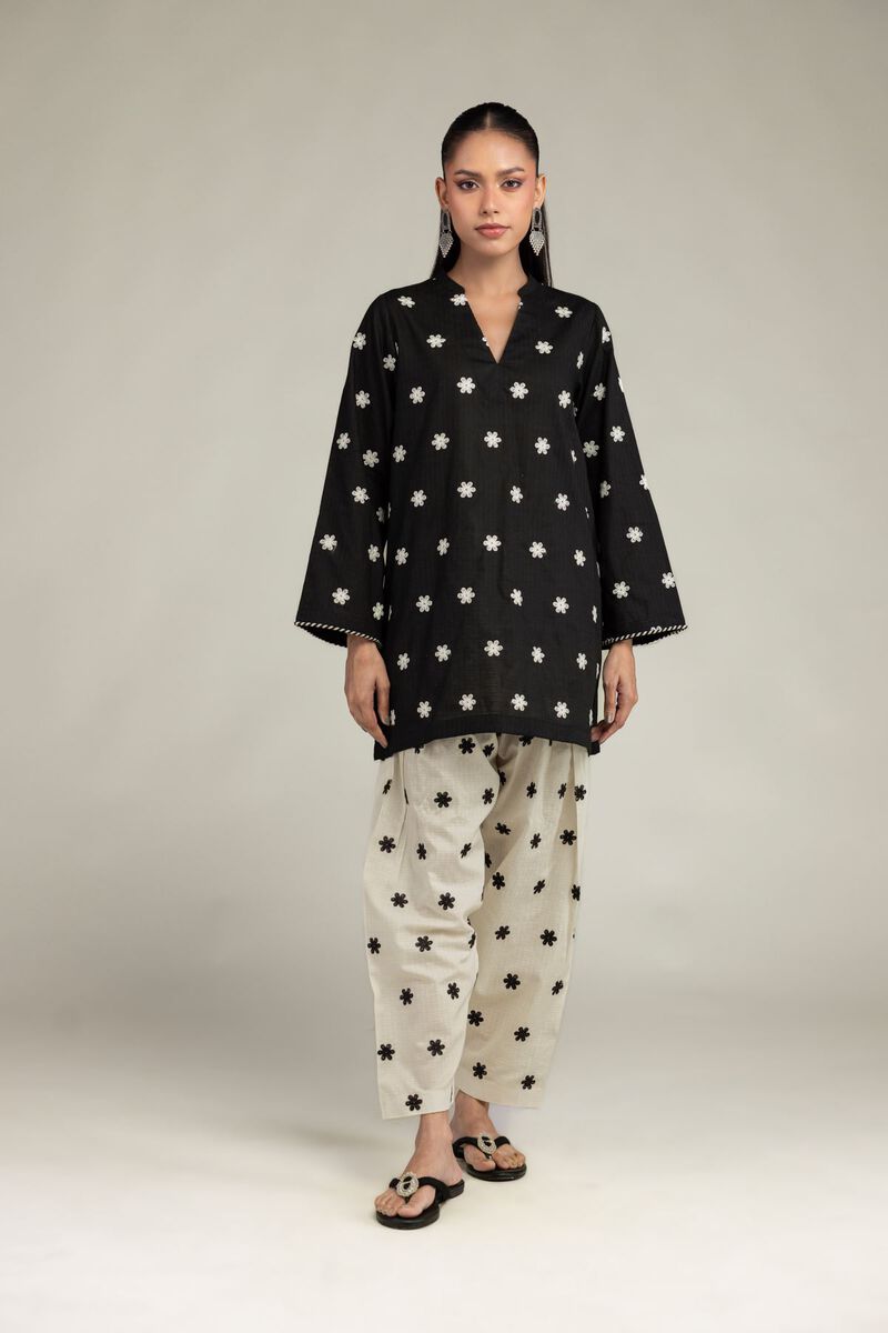 Embroidered | Cotton Dobby | Black V-Neck Kurta | USD 40.00