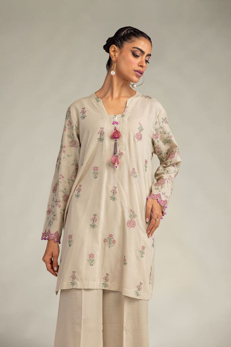 Embroidered | Raw Silk | Floral Beige Kurta | USD 60.00