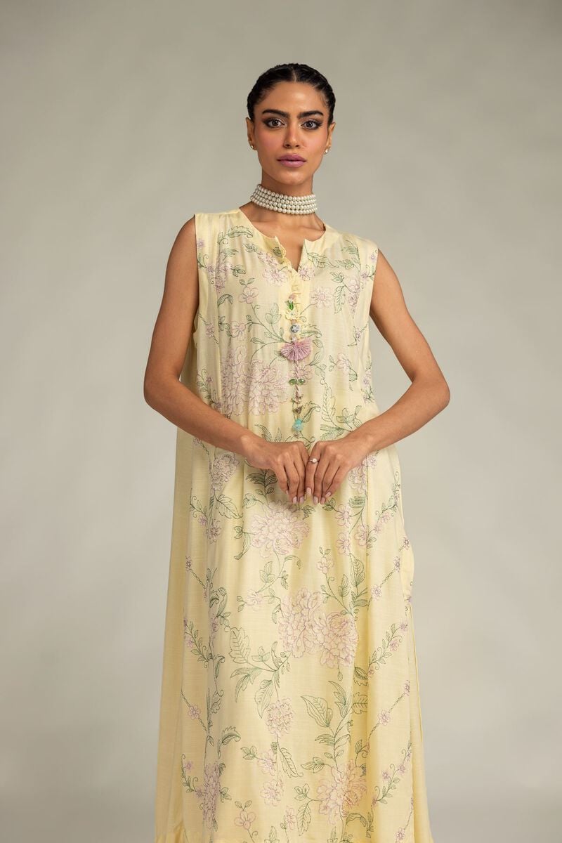 Embroidered | Raw Silk | Yellow Sleeveless Kurta | USD 55.00