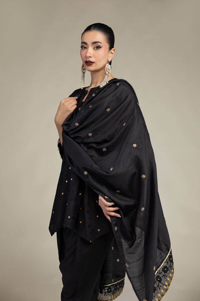 Embroidered | Polyester Silk | Black Silk Dupatta | USD 40.00