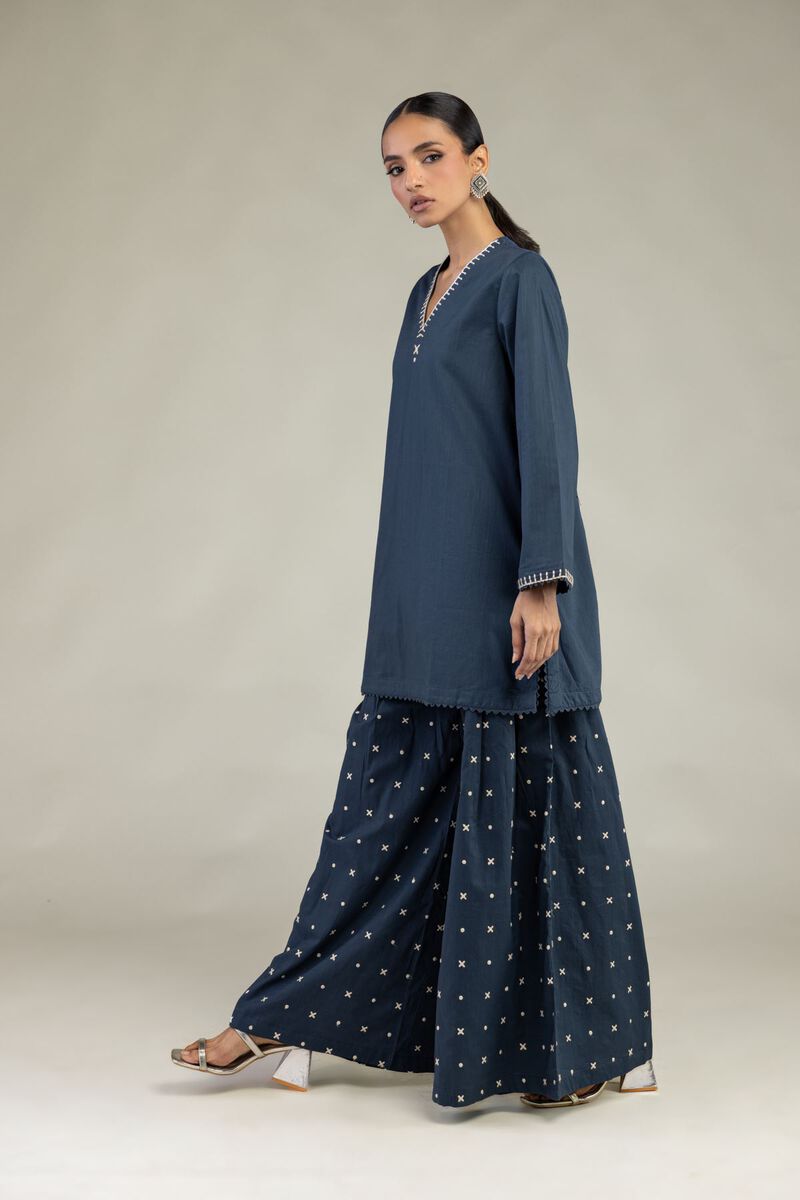 Textured Cotton | Embroidered | Navy Cotton Pants | USD 40.00