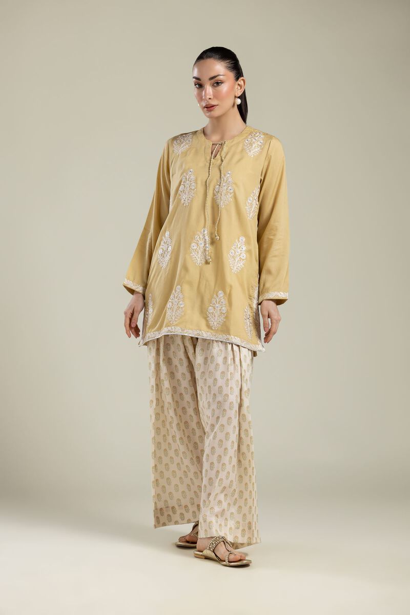 Embroidered | Textured Weave | Beige Printed Pants | USD 30.00