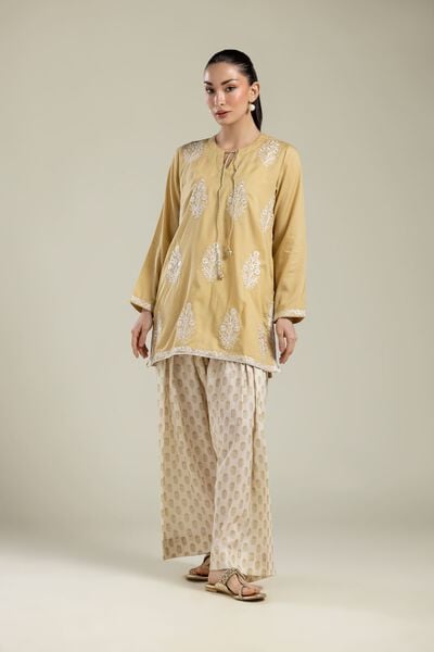 Embroidered | Textured Weave | Beige Printed Pants | USD 30.00