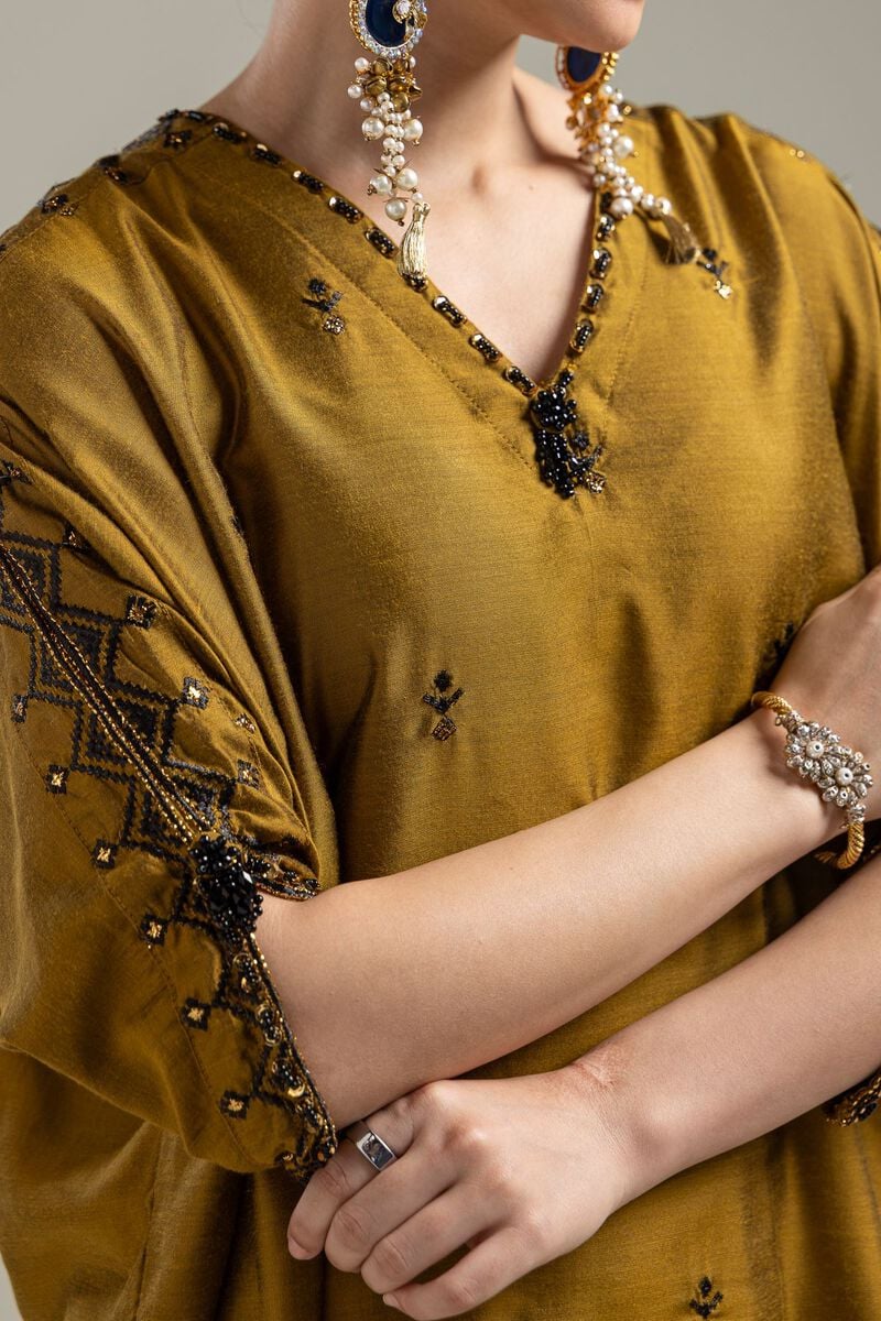 Raw Silk | Mustard Longline Kurta | USD 60.00