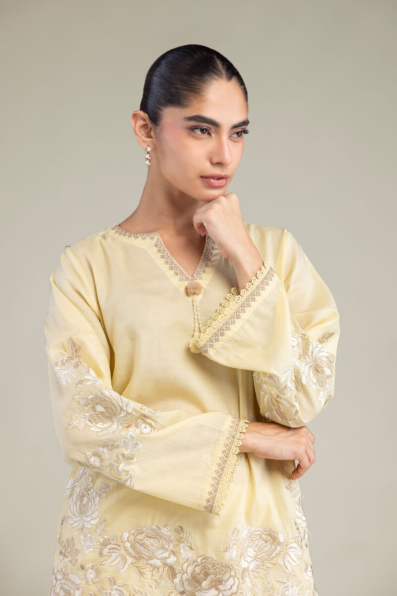 Embroidered | Cambric | Floral Yellow Kurta | USD 45.00