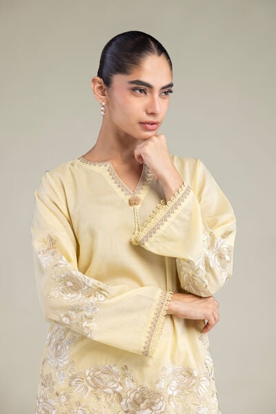 Embroidered | Cambric | Floral Yellow Kurta | USD 45.00