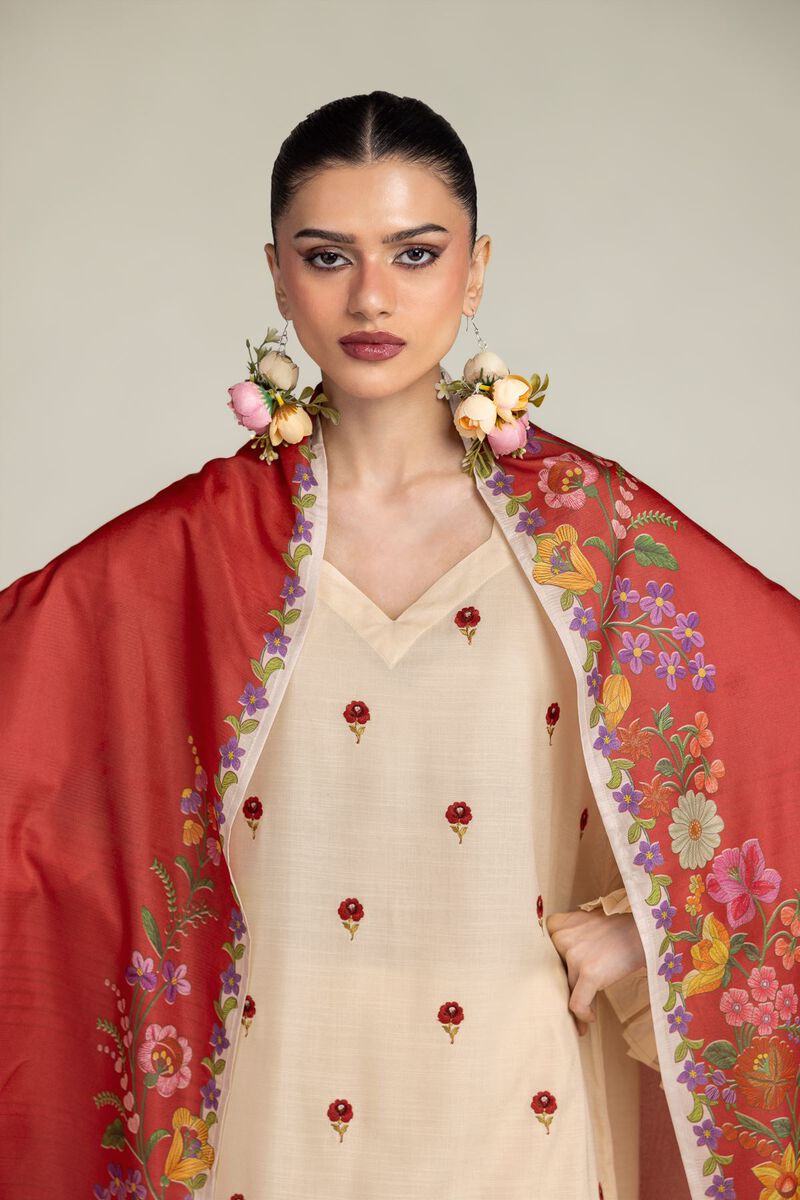 Embroidered | Polyester Silk | Floral Red Dupatta | USD 30.00