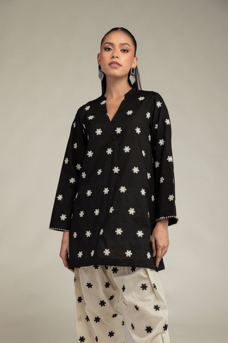 Embroidered | Cotton Dobby | Black V-Neck Kurta | USD 40.00