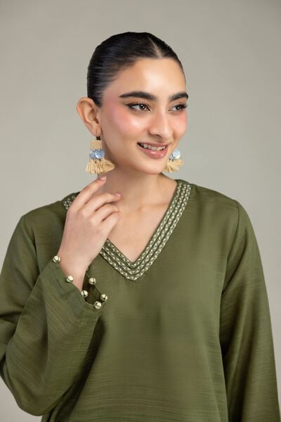 Dyed | Textured Cotton | Olive V-Neck Kurta | USD 35.00