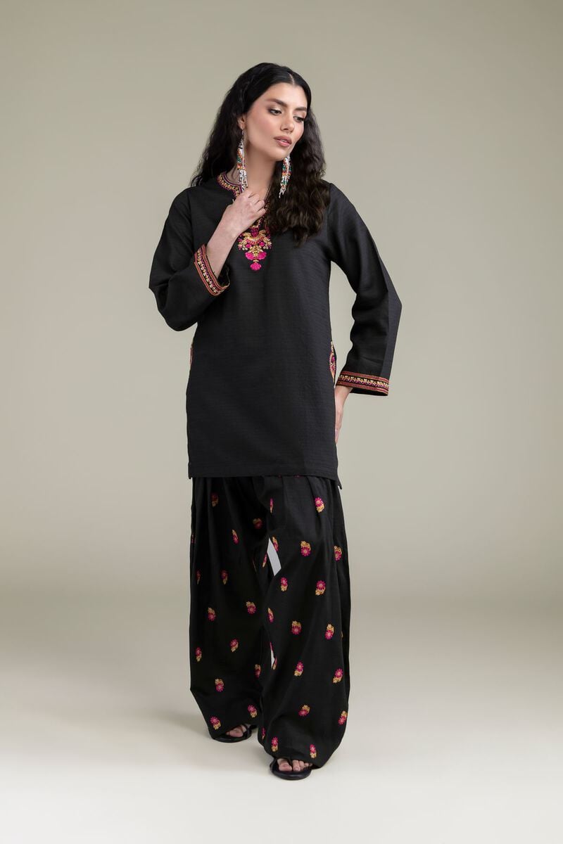 Embroidered | Cotton Dobby | Black V-Neck Kurta | USD 35.00