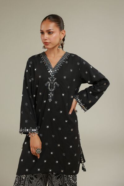 Embroidered | Raw Silk | Geometric Print Kurta | USD 55.00