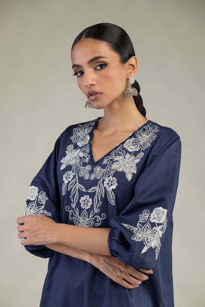 Embroidered | Cotton Dobby | Floral V-Neck Kurta | USD 45.00