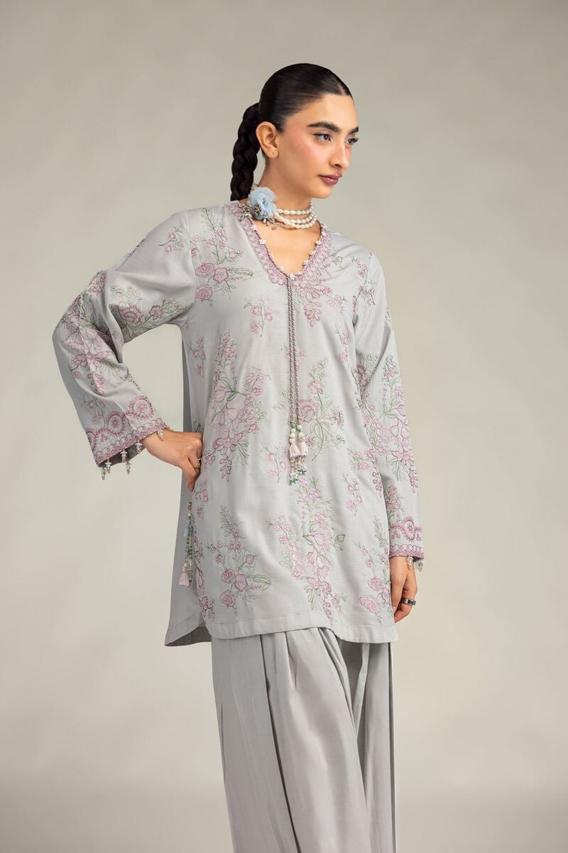 Embroidered | Raw Silk | Floral V-Neck Kurta | USD 60.00