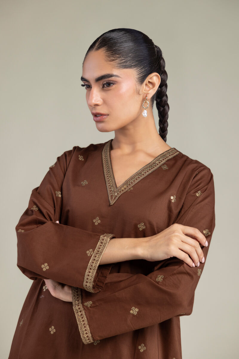 Embroidered | Cambric | Brown V-Neck Kurta | USD 40.00