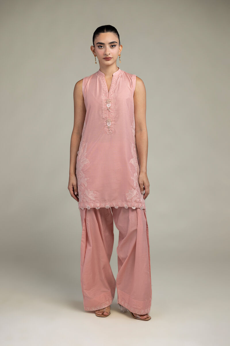 Raw Silk | Sleeveless Pink Kurta | USD 65.00