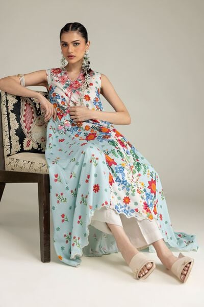 Embroidered | Raw Silk | Floral Sleeveless Kurta | USD 65.00