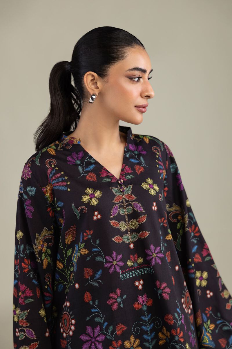 Printed | Textured Weave | Black V-Neck Kurta | USD 35.00
