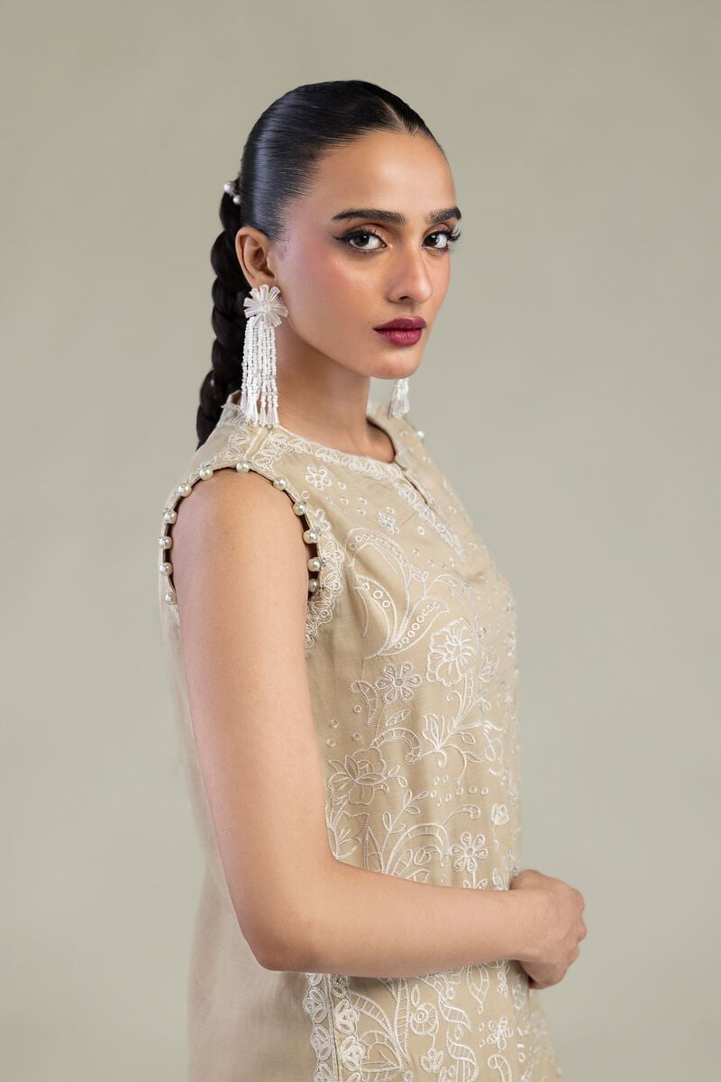 Embroidered | Raw Silk | Beige Sleeveless Kurta | USD 75.00