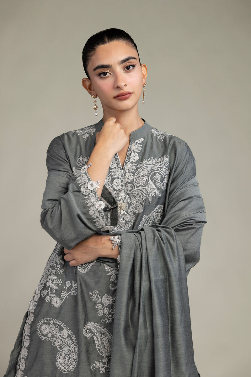 Cotton Net | Gray Floral Dupatta | USD 30.00