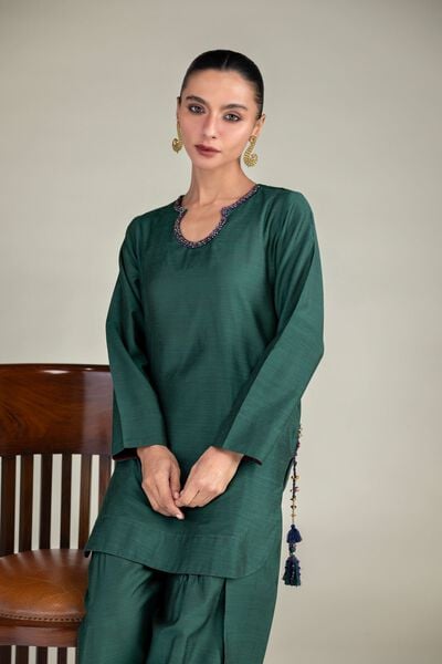 Dyed | Textured Raw Silk | Solid Green Kurta | USD 40.00