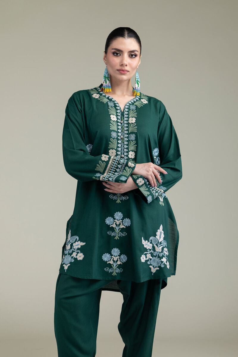 Embroidered | Raw Silk | Green V-Neck Kurta | USD 45.00