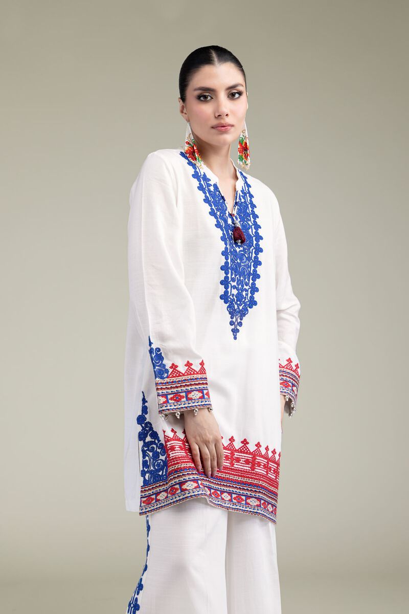 Embroidered | Raw Silk | White V-Neck Kurta | USD 13.50