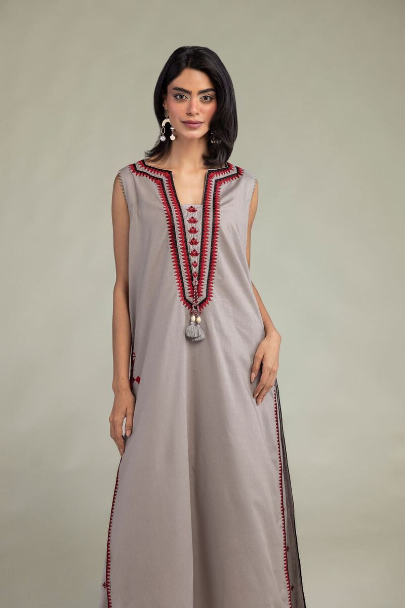 Embroidered | Cotton Dobby | Gray Sleeveless Kurta | USD 45.00
