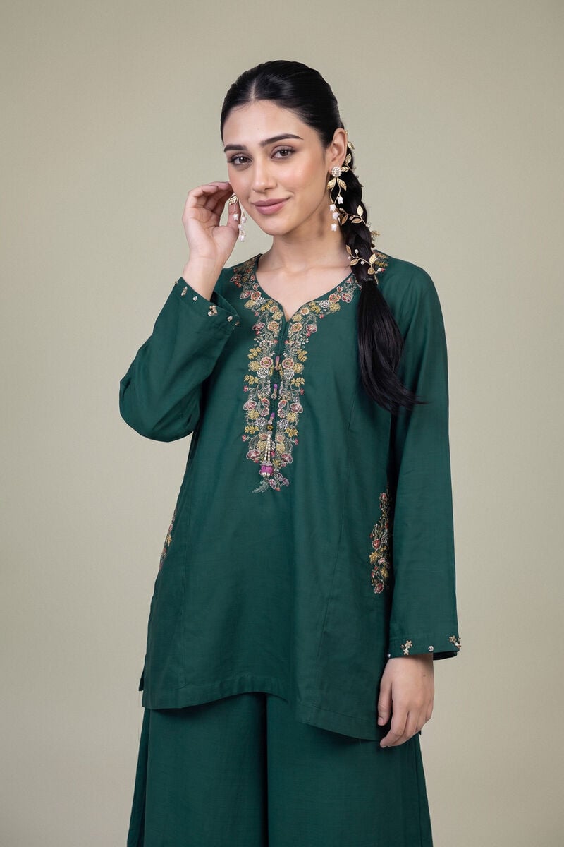 Embroidered | Raw Silk | Floral Green Kurta | USD 45.00