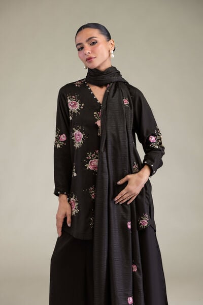 Embroidered | Raw Silk | Black Floral Kurta | USD 27.50