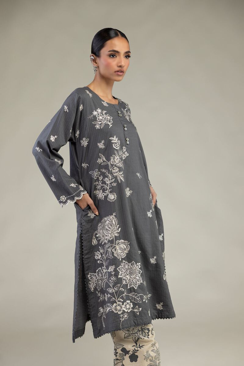 Embroidered | Cotton Dobby | Gray Longline Kurta | USD 55.00