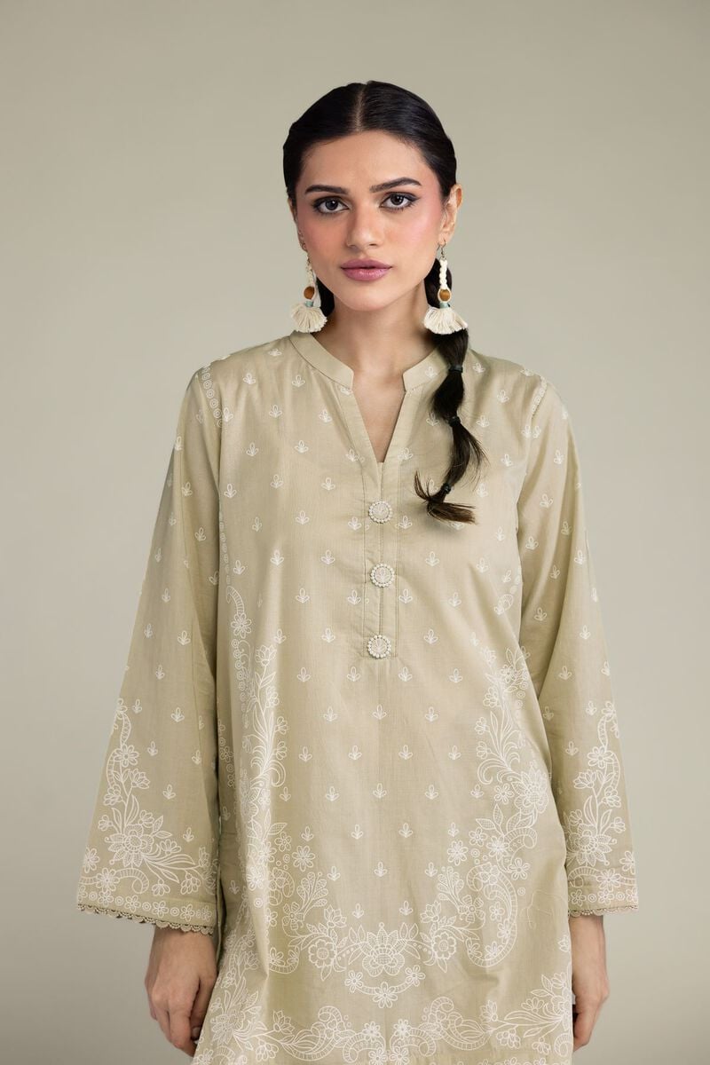 Printed | Cambric | Beige Band-Collar Kurta | USD 40.00