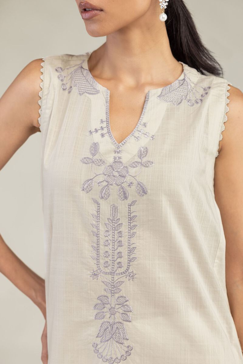 Textured Cotton | Embroidered | Floral Sleeveless Kurta | USD 40.00