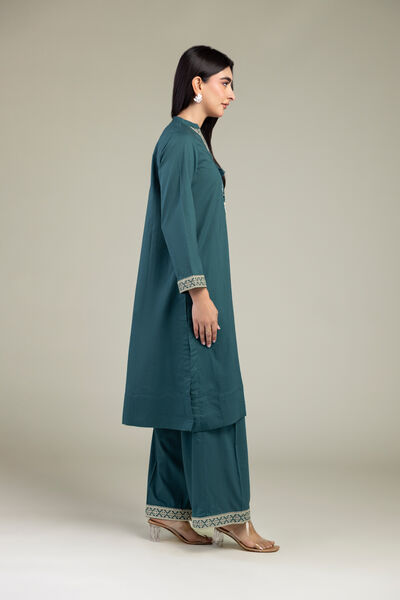 Embroidered | Cambric | Teal Cambric Pants | USD 30.00