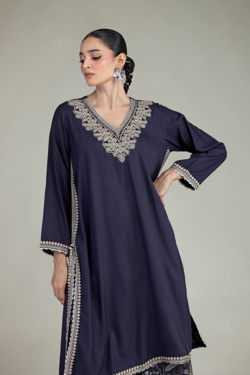 Embroidered | Raw Silk | Navy V-Neck Kurta | USD 60.00