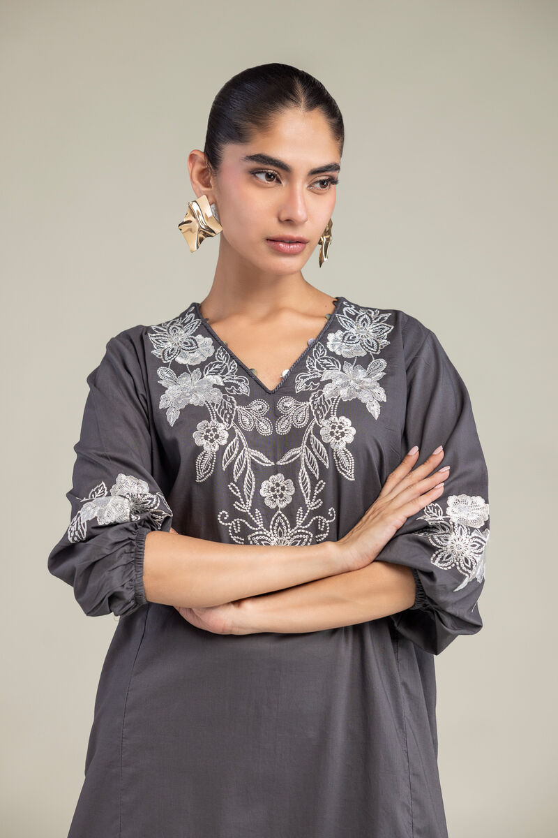 Embroidered | Cambric | Gray V-neck Kurta | USD 40.00