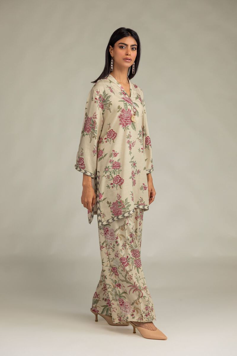Printed | Raw Silk | Beige Floral Pants | USD 35.00