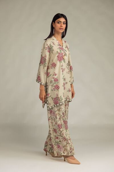 Printed | Raw Silk | Beige Floral Pants | USD 35.00