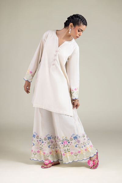 Embroidered | Textured Cotton | Pants | USD 40.00