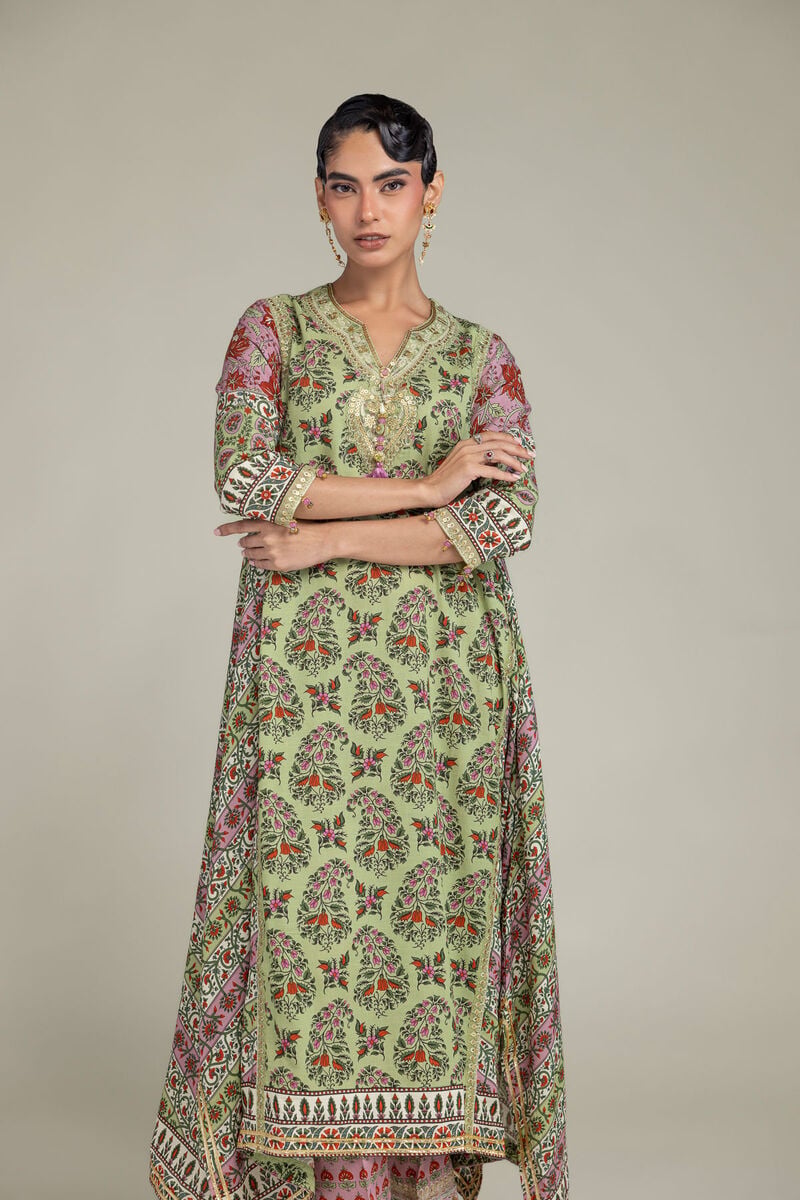 Embroidered | Raw Silk | Long Green Kurta | USD 65.00
