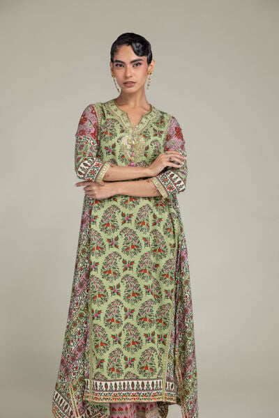 Embroidered | Raw Silk | Long Green Kurta | USD 65.00