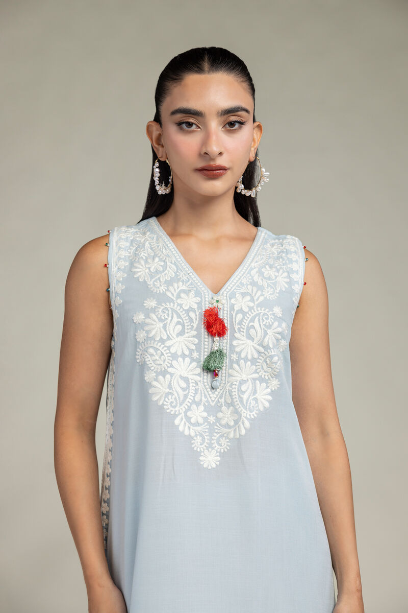 Embroidered | Raw Silk | Sleeveless V-Neck Kurta | USD 55.00