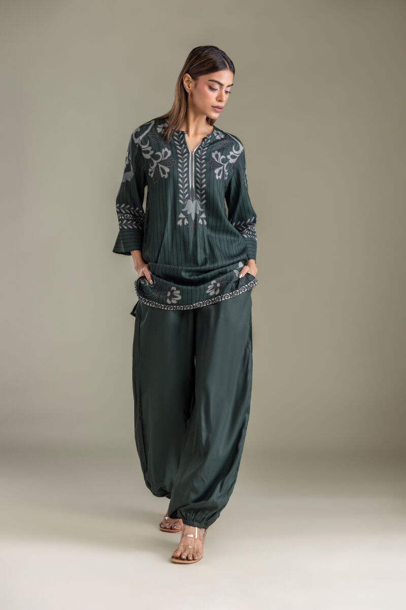 Printed | Viscose Crepe | Dark Green Trousers | USD 35.00